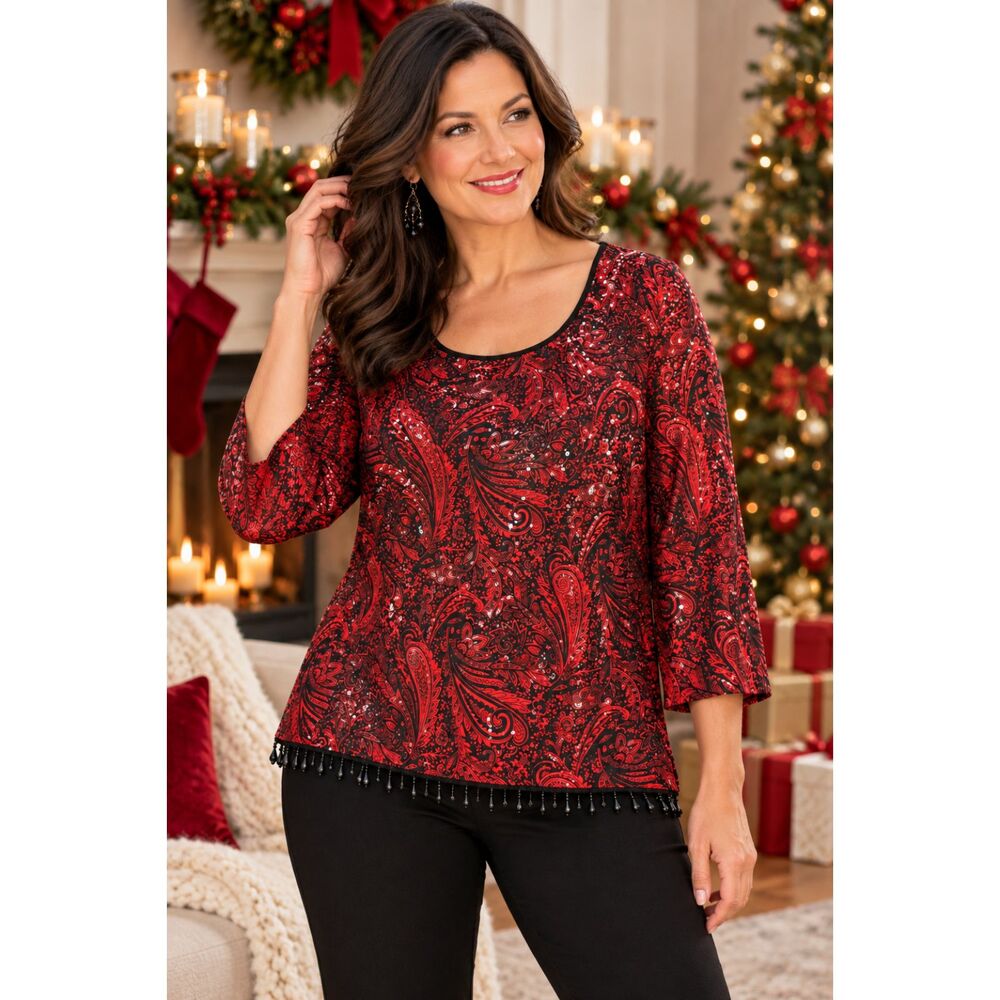 MSK Women XL Red Black Paisley Sequin Beaded Hem 3/4 Sleeve Holiday Top #23